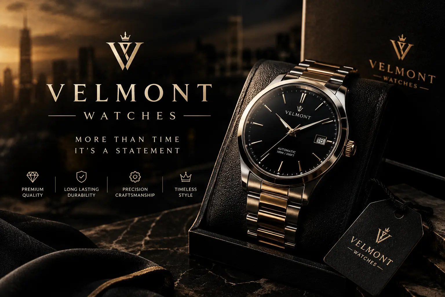 Luxury Velmont Watches advertisement featuring a black-and-gold automatic wristwatch displayed on a leather watch stand, with the Velmont Watches logo, premium branding, and the tagline ‘More Than Time, It’s a Statement.